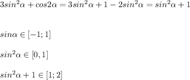 3sin^2\alpha+cos2\alpha=3sin^2\alpha+1-2sin^2\alpha=sin^2\alpha+1\\\\\\sin\alpha\in[-1;1]\\\\sin^2\alpha\in[0,1]\\\\sin^2\alpha+1\in[1;2]\\