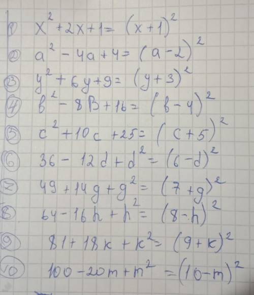 Решить фсу 1)х2+2х+1 2)а2-4а+4 3)у2+6у+9 4)b2-8b+16 5)c2+10c+25 6)36-12d+d2 7)49+14g+g2 8)64-16h+h2