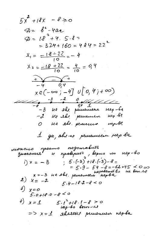 Какое из данных чисел является решениями неравенства? 5x^{2} +18x-8\geq 0 1) -3 2) -2 3) 0 4) 1 и ка