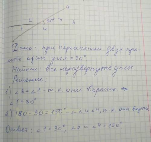 Найдите все неразвернутые углы, образованные при пересечении двух прямых, если один из них равен 30