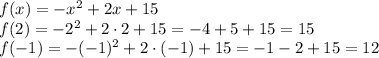 f(x)=-x^2+2x+15\\ f(2)=-2^2+2\cdot2+15=-4+5+15=15\\ f(-1)=-(-1)^2+2\cdot(-1)+15=-1-2+15=12