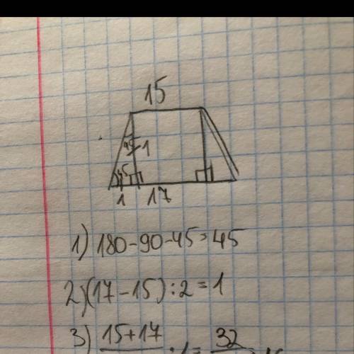 Найдите площадь равнобедренной трапеции у которой основания равны 15 см и 17 см и боковая сторона со