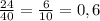 \frac{24}{40} =\frac{6}{10} =0,6\\\\