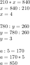 210*x=840\\x=840:210\\x=4\\\\780:y=260\\y=780:260\\y=3\\\\a:5=170\\a=170*5\\a=850