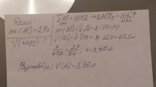 Обчисліть, який об'єм газу (н.у.) утворюється під час взаємодії 2,7. алюмінію з достатньою кількістю