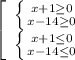 \left[\begin{array}{ccc}\left \{ {{x+1\geq 0} \atop {x-14\geq 0}} \right. \\ \left \{ {{x+1\leq 0 \atop {x-14\leq 0}} \right. \end{array}\right