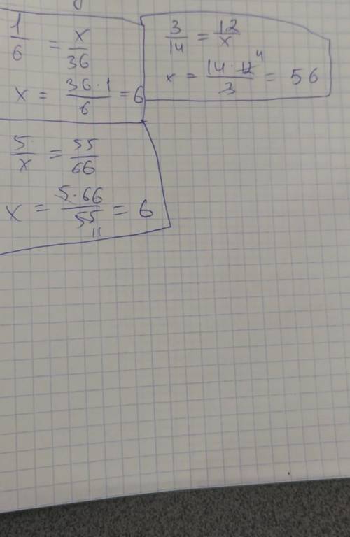 Решите уравнение дробей с действиями 1) 1/6 = x/36 2) 3/14 =12/x 3) 5/x = 55/66