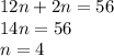 12n + 2n = 56\\14n = 56\\n = 4