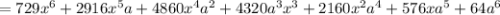 =729x^6+2916x^5a+4860x^4a^2+4320a^3x^3+2160x^2a^4+576xa^5+64a^6