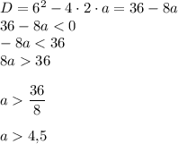 D=6^2-4 \cdot 2 \cdot a=36-8a\\36-8a\dfrac{36}{8}\\\\a4{,}5