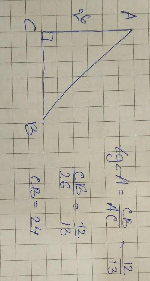 Втреугольнике abc угол c равен 90°,ac 26,tg a = 12 дробь 13 найти bc!