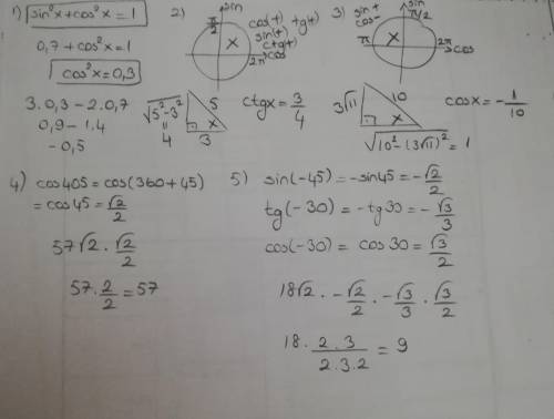 1) 3cos^2x-2sin^2x при sin^2x=0,7 2) cos2=3/5; 0 < x < п/2, найдите ctg x; 3) sin x = 3v11/10