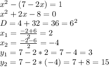 x^2-(7-2x)=1 \\x^2+2x-8=0 \\D=4+32=36=6^2 \\x_1=\frac{-2+6}{2}=2 \\x_2=\frac{-2-6}{2}=-4 \\y_1=7-2*2=7-4=3 \\y_2=7-2*(-4)=7+8=15