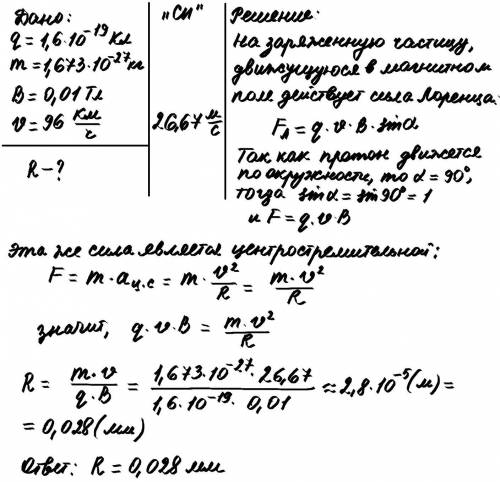 протон в магнитном поле индукцией 0,01 тл движется со скорость 96 км/ч. найдите радиус окружности.​