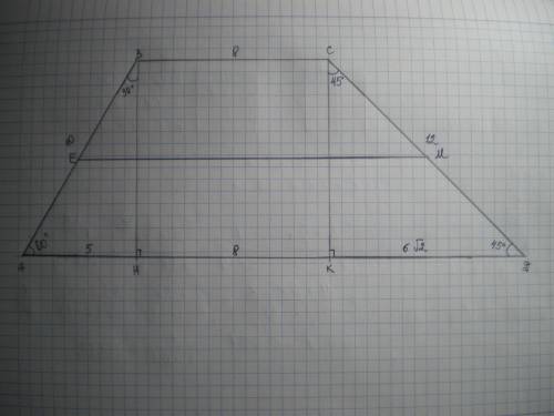 Втрапеции abcd угол а =60 градусов, угол d =45 градусов, боковые стороны равны 10 и 12 см, а меньшее