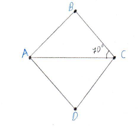 Діагональ ромба утворює зі стороною 70° чому дорівнює менший кут ромба