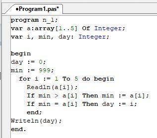 Решить . язык паскаль. вася решил посчитать, в какой день меньше всего уроков, если известно, что он