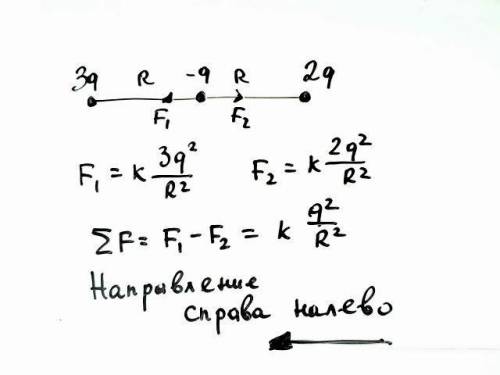 Посередине между двумя 3q и 2q, которые расположены на расстоянии 2r друг от друга, находится третий