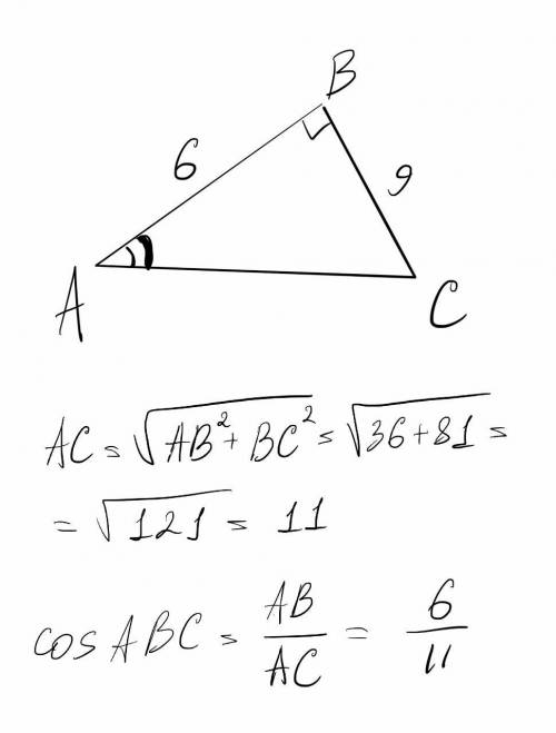 Найти cosabc в треугольнике abc, если известно что bac=90°, bc=9, ab=6