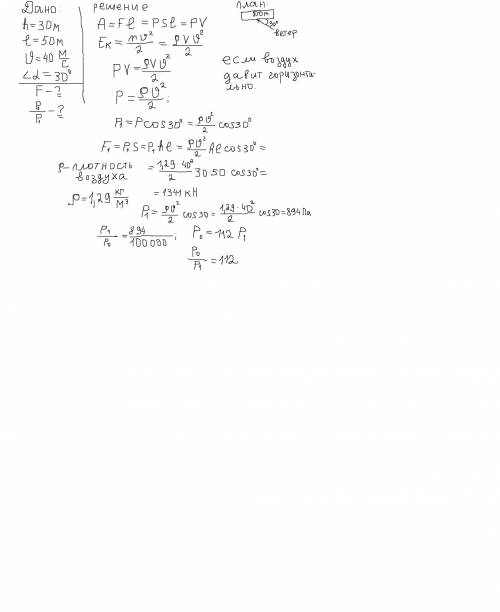 Определите силу давления ураганного ветра на стену дома высотой 30м и длинной 50м. скорость ветра до