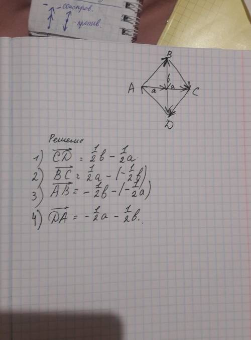 Вромбе abcd диагонали ac=a и bd=b. выразить векторы ab, bc, cd, un da с векторами a и b.