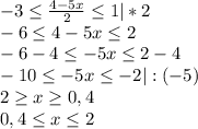 -3\leq \frac{4-5x}{2}\leq 1 |*2\\-6\leq 4-5x\leq 2\\-6-4\leq -5x\leq 2-4\\-10\leq -5x\leq -2 |:(-5)\\2\geq x\geq 0,4\\0,4\leq x\leq 2\\