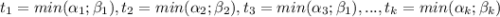 t_{1}}=min(\alpha _{1}; \beta_{1}), t_{2}}=min(\alpha _{2}; \beta_{2}), t_{3}}=min(\alpha _{3}; \beta_{1}), ..., t_{k}}=min(\alpha _{k}; \beta_{k})