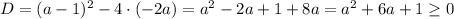 D=(a-1)^2-4\cdot (-2a)=a^2-2a+1+8a=a^2+6a+1\geq 0