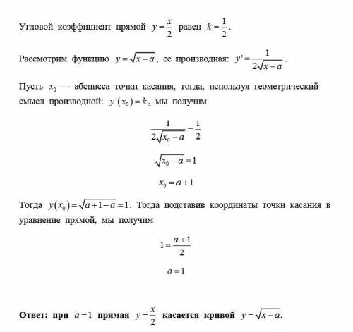 При каких значениях параметра a прямая y=x/2 касается кривой y= √‎x - a