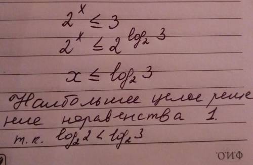 Розв’язати нерівність 2^x≤3. у відповідь записати найбільший цілий розв’язок нерівності.