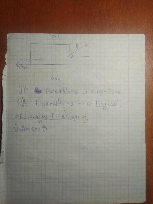 Кбруску массой m = 4 кг приложена сила f = 9,8 н под углом α = 45° к горизонтальной поверхности стол