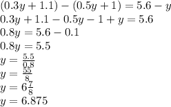 (0.3y + 1.1) - (0.5y + 1) = 5.6 - y \\ 0.3y + 1.1 - 0.5y - 1 + y = 5.6 \\ 0.8y = 5.6 - 0.1 \\ 0.8y = 5.5 \\ y = \frac{5.5}{0.8} \\ y = \frac{55}{8} \\ y = 6 \frac{7}{8} \\ y = 6.875