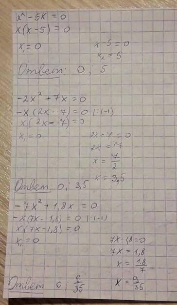 Найдите корни неполного квадратного уравнения: 1) x²-5x=0; 2)-2x²+7x=0; 3)-7x²+1,8x=0; ​