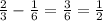 \frac{2}{3} -\frac{1}{6} =\frac{3}{6}=\frac{1}{2}