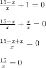 \frac{15-x}{x}+1=0\\\\\frac{15-x}{x}+\frac{x}{x}=0\\\\\frac{15-x+x}{x}=0\\\\\frac{15}{x}=0