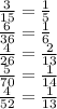 \frac{3}{15} = \frac{1}{5} \\ \frac{6}{36} = \frac{1}{6} \\ \frac{4}{26} = \frac{2}{13} \\ \frac{5}{70} = \frac{1}{14} \\ \frac{4}{52} = \frac{1}{13}