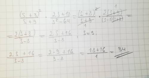 Решить нужно выполни умножение дробей (s+8)^2/s+9 * 2s+18/s^2-64 и найди значение выражения при s=9.