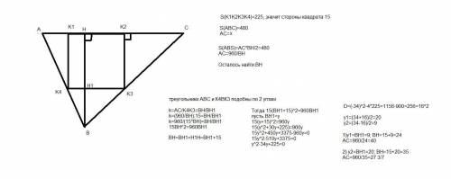 в треугольник авс вписан квадрат площади 225 так, что две вершины квадрата лежат на стороне ас и по