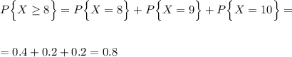 P\Big\{X\geq 8\Big\}=P\Big\{X=8\Big\}+P\Big\{X=9\Big\}+P\Big\{X=10\Big\}=\\ \\ \\ =0.4+0.2+0.2=0.8