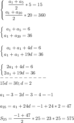 \displaystyle\\\left \{ {{\dfrac{a_1+a_5}{2}*5=15 \atop {\dfrac{a_1+a_{20}}{2} *20=360}} \right. \\ \\ \\ \left \{ {{a_1+a_5=6} \atop {a_1+a_{20}=36}} \right. \\ \\ \\ \left \{ {{a_1+a_1+4d=6} \atop {a_1+a_{1}+19d=36}} \right. \\ \\ \\ \left \{ {{2a_1+4d=6} \atop {2a_1+19d=36}} \right. \\----------\\15d=30;d=2 \\ \\ a_1=3-2d=3-4=-1\\ \\ a_{25}=a_1+24d=-1+24*2=47\\ \\ S_{25}=\dfrac{-1+47}{2} *25=23*25=575