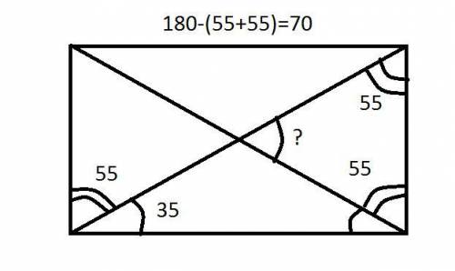 Диагональ прямоугольника с его сторонами образует углы равные 55 и 35 град найдите меньший угол межд