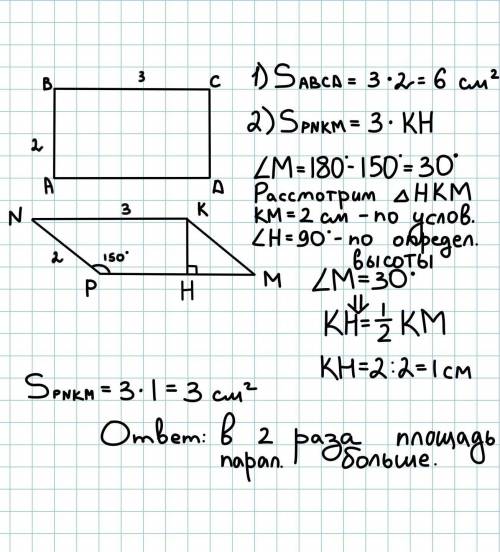 Cтороны прямоугольника и параллелограмма равны 2 см и 3 см, один из углов параллелограмма равен 150°