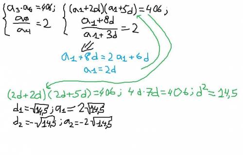 Решить а-арифметическая прогрессия а3*а6=406 а9/а4=2