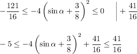 -\dfrac{121}{16}\leq -4\left(\sin \alpha+\dfrac{3}{8}\right)^2\leq 0~~~~\bigg|+\dfrac{41}{16}\\ \\ \\ -5\leq -4\left(\sin\alpha +\dfrac{3}{8}\right)^2+\dfrac{41}{16}\leq \dfrac{41}{16}