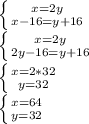 \left \{ {{x=2y} \atop {x-16=y+16}} \right.\\\left \{ {{x=2y} \atop {2y-16=y+16}} \right. \\\left \{ {{x=2*32} \atop {y=32}} \right. \\\left \{ {{x=64} \atop {y=32}} \right.