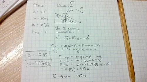 По .надо с рисунком и уравнениями на оси x y. с наклонной плоскости, имеющей угол наклона 40°, соска