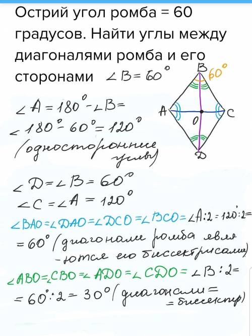 Острий угол ромба = 60 градусов. найти углы между диагоналями ромба и его сторонами ​
