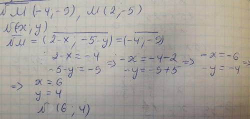 Известно что вектор nm(-4; -9),найдите координаты точки n,если м(2; -5)​