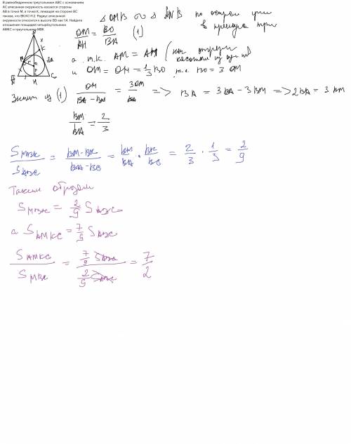 в равнобедренном треугольнике abc с основанием ac вписанная окружность касается стороныab в точке м,