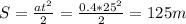 S=\frac{at^2}{2}=\frac{0.4*25^2}{2}=125m